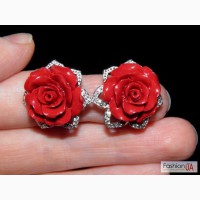 Гламурные серебряные серьги розы с кораллом