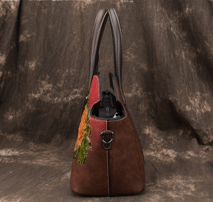 Фото 5. Кожаная сумка ручной работы натуральной кожи с тиснением пионов 7